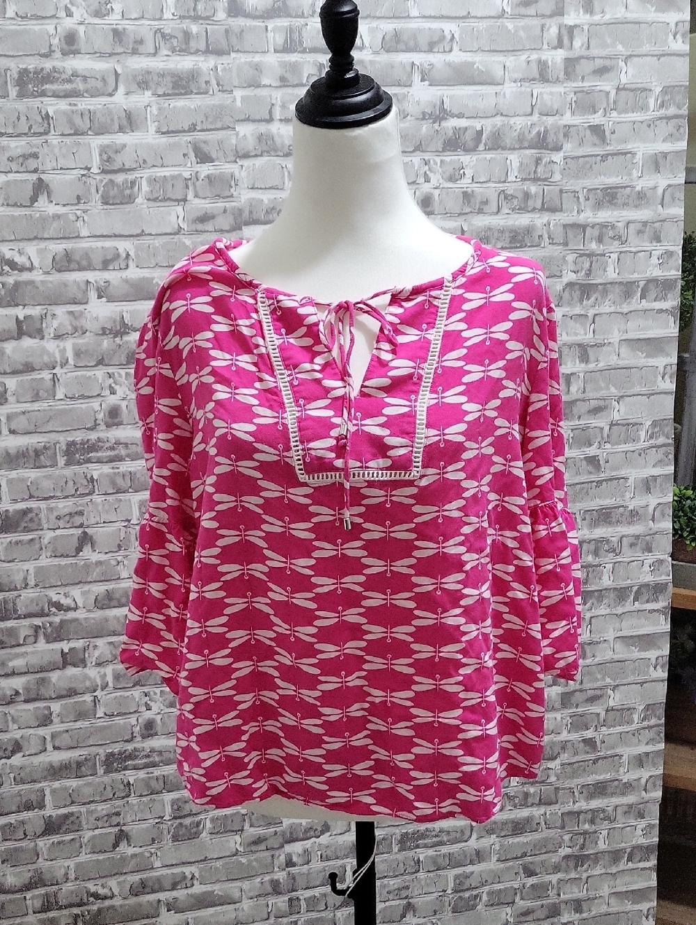 Pappagallo Pink Dragonfly Printed Tie-Neck Boho Blouse, Size L, Summer
